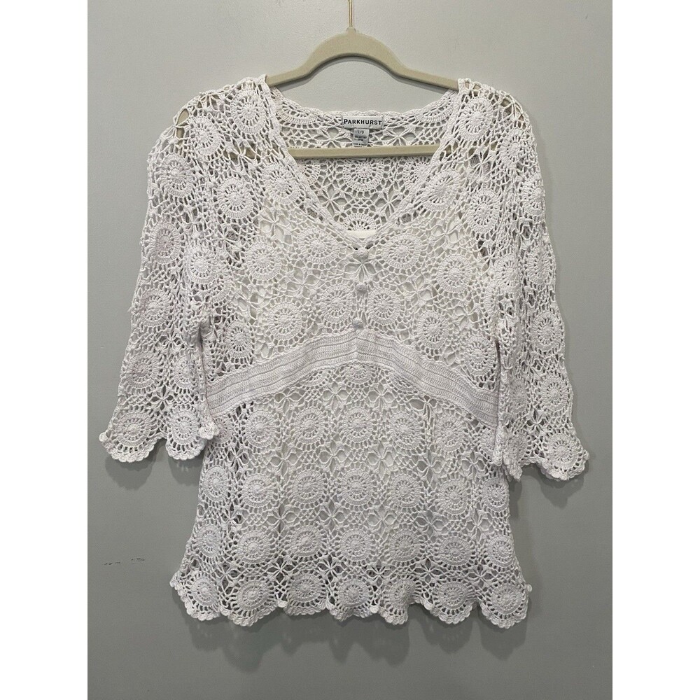 Parkhurst White Crochet Lace Top 3/4 Sleeve Size L Boho Western Cottage Cover Up